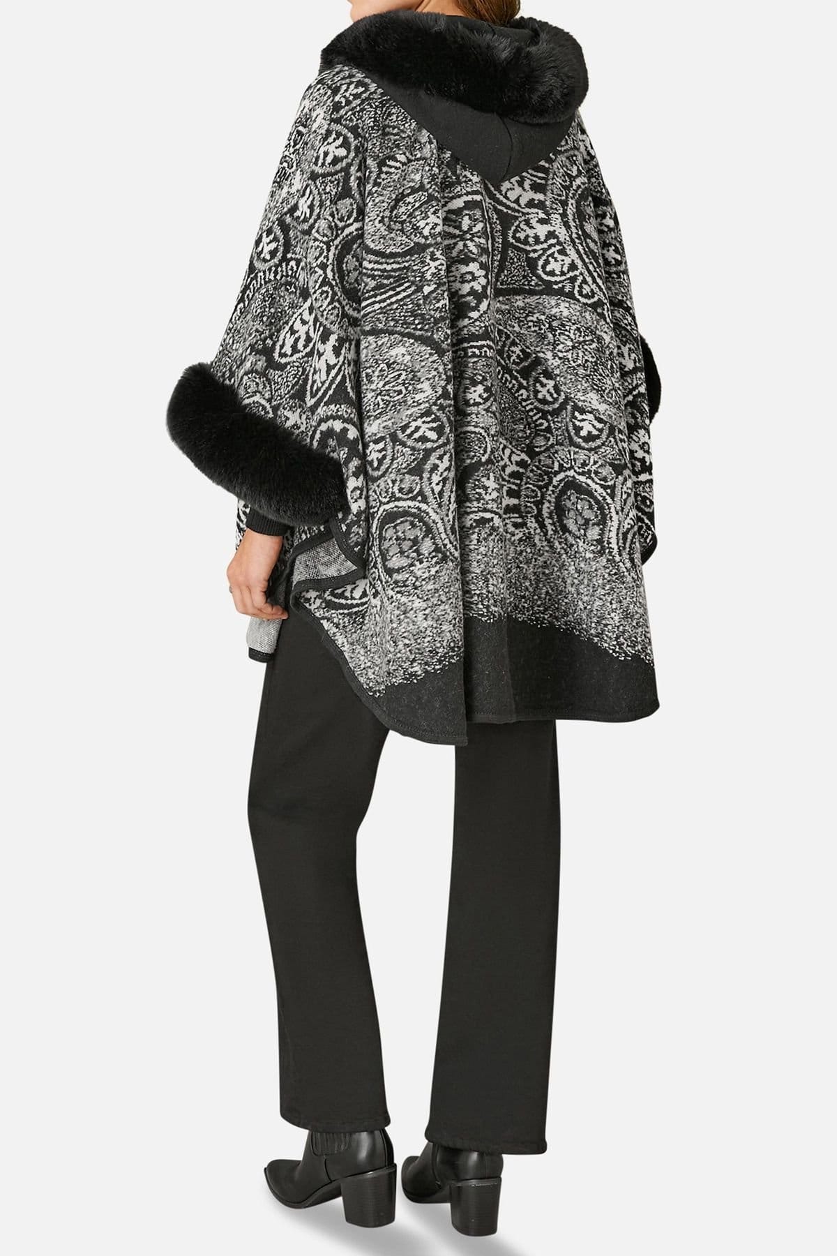 Yumi Yumi Women's Black Faux Fur Trim Cape With Paisley Print - 4