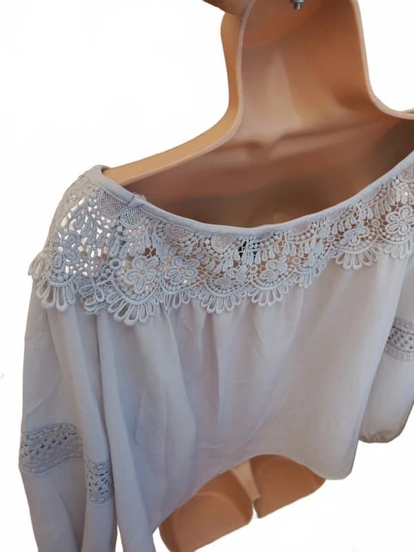 New Look New Look Grey Lace Bardot Long Sleeve Off the Shoulder Blouse T Shirt Top 12 M