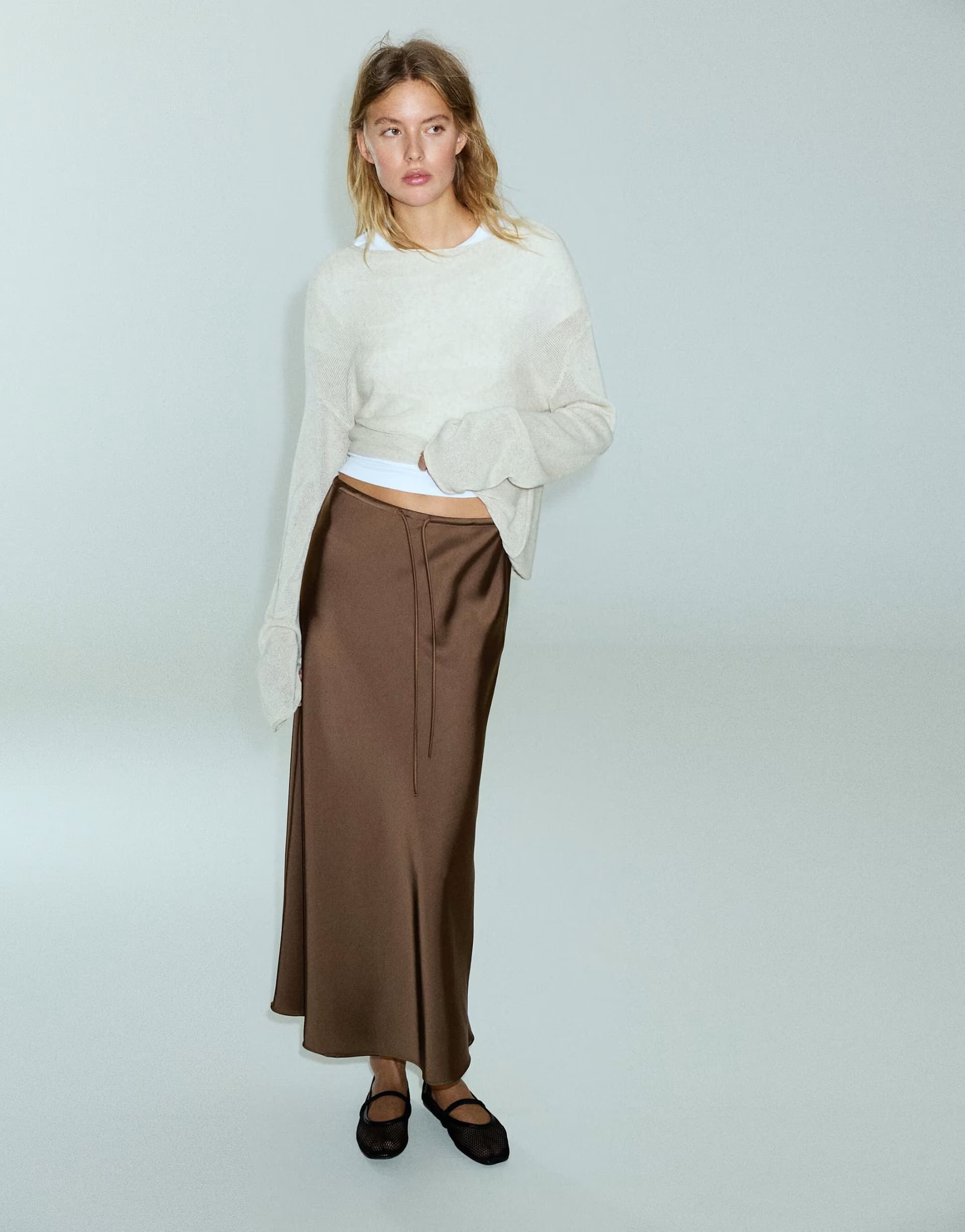 ASOS Pull&Bear Satin drawstring maxi skirt in dark brown