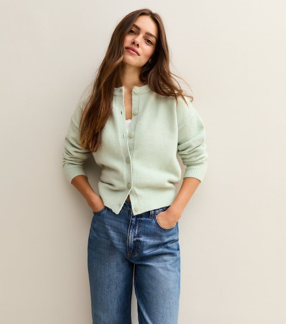 New Look New Look Mint Green Crew Neck Short Cardigan