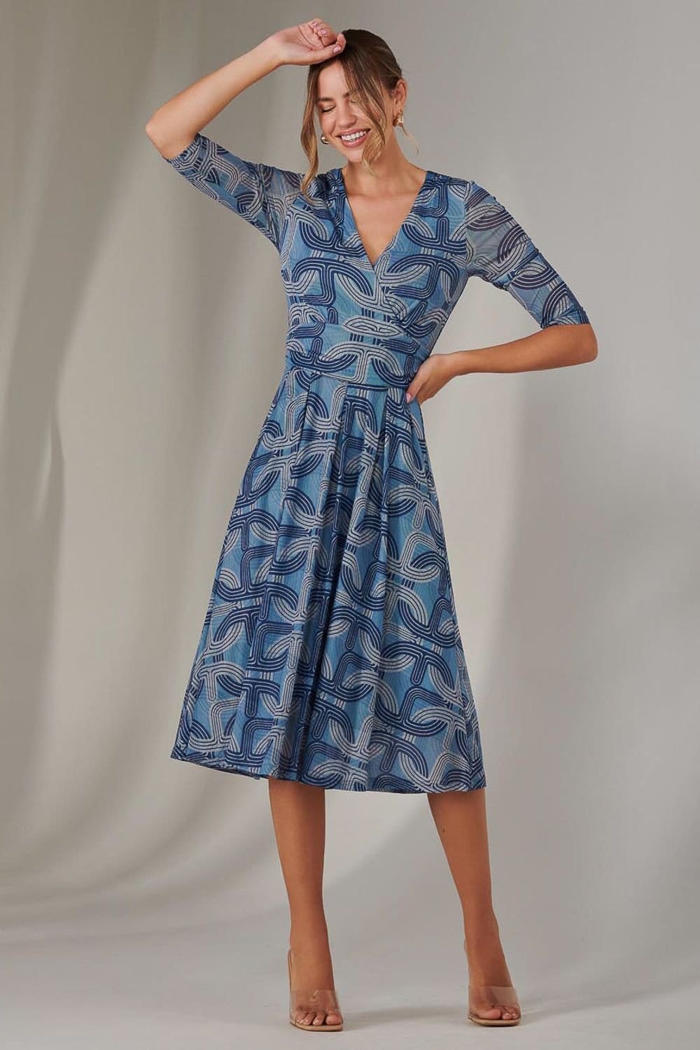 Jolie Moi Jolie Moi Women's Mesh Wrap Midi Dress in Mid Blue - 4