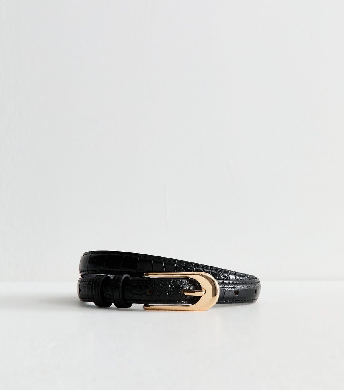 New Look Black Faux Leather Skinny Crocodile Embossed Belt New Look