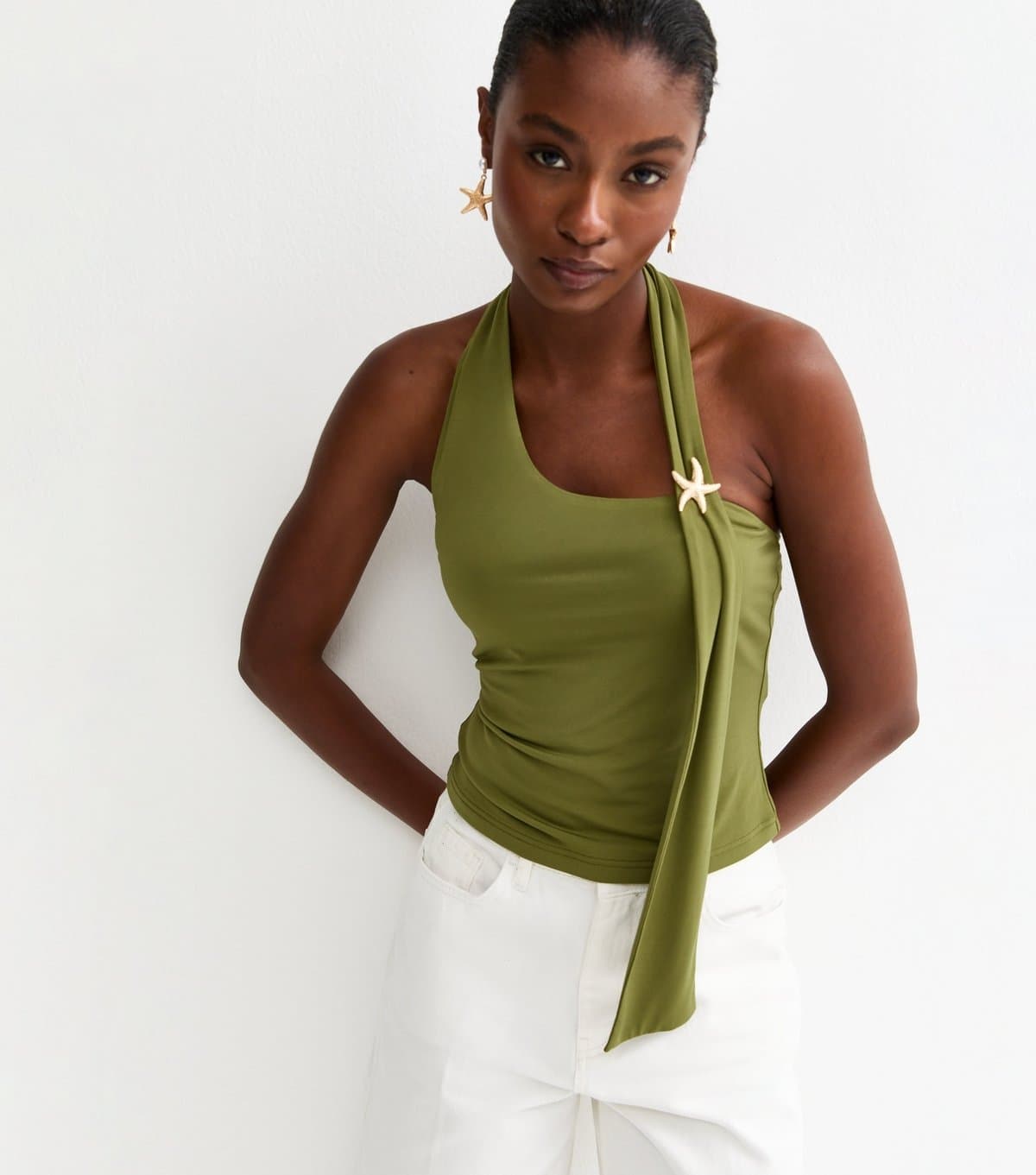 New Look Women's Green Halter Neck Starfish Scarf Top New Look