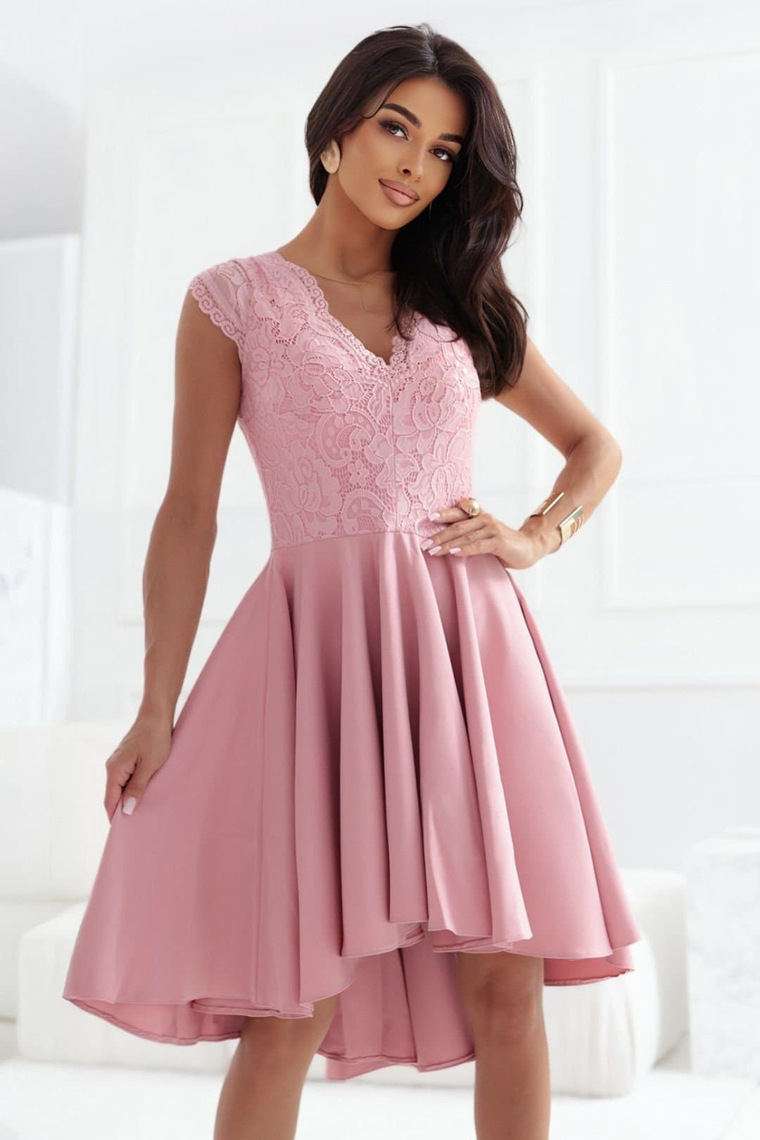 Love Lace Love Lace Women's Romantic Lace V Neck Evening Dress in Pink