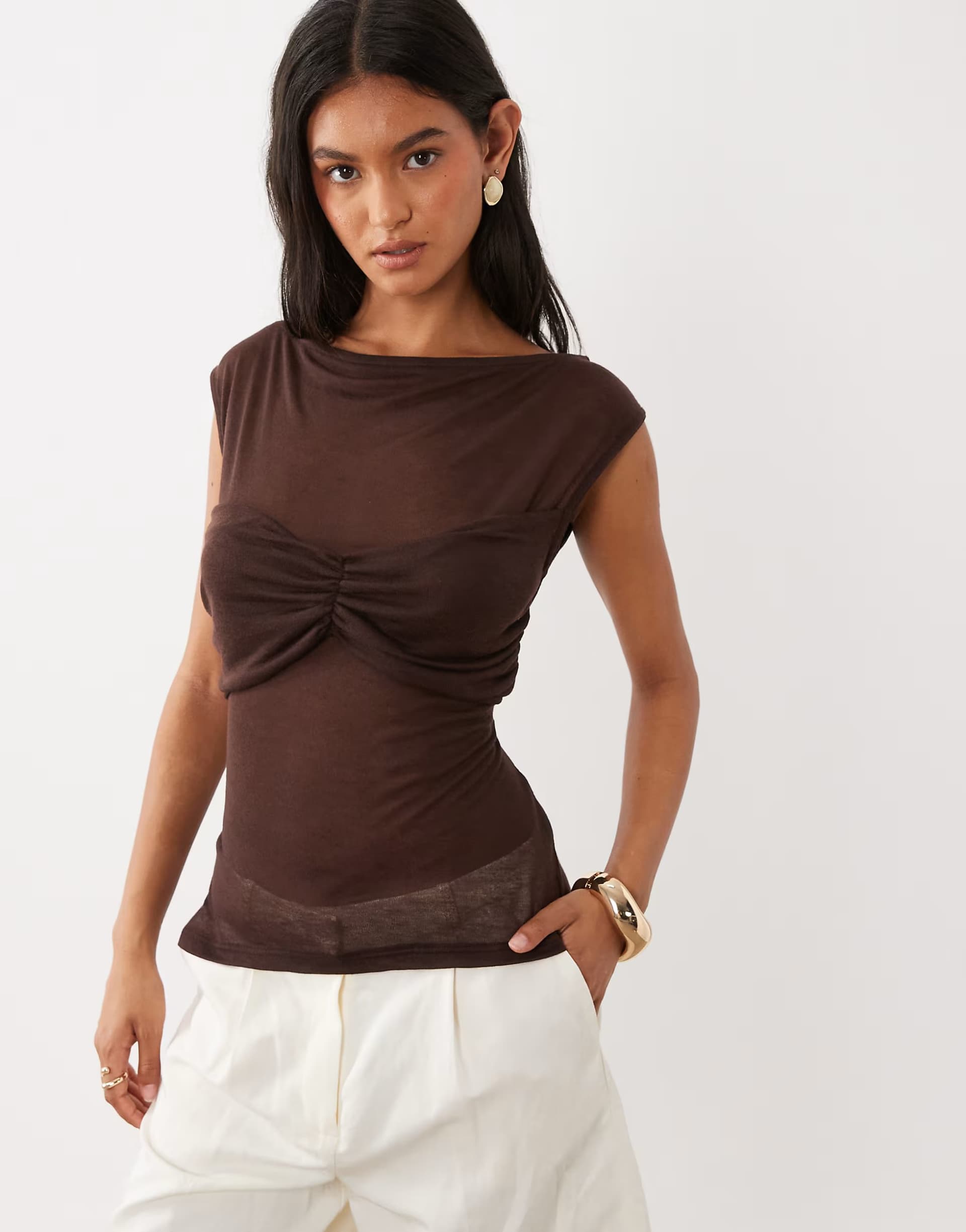 ASOS ASOS DESIGN soft semi sheer cap sleeve top with ruched bust overlay in chocolate