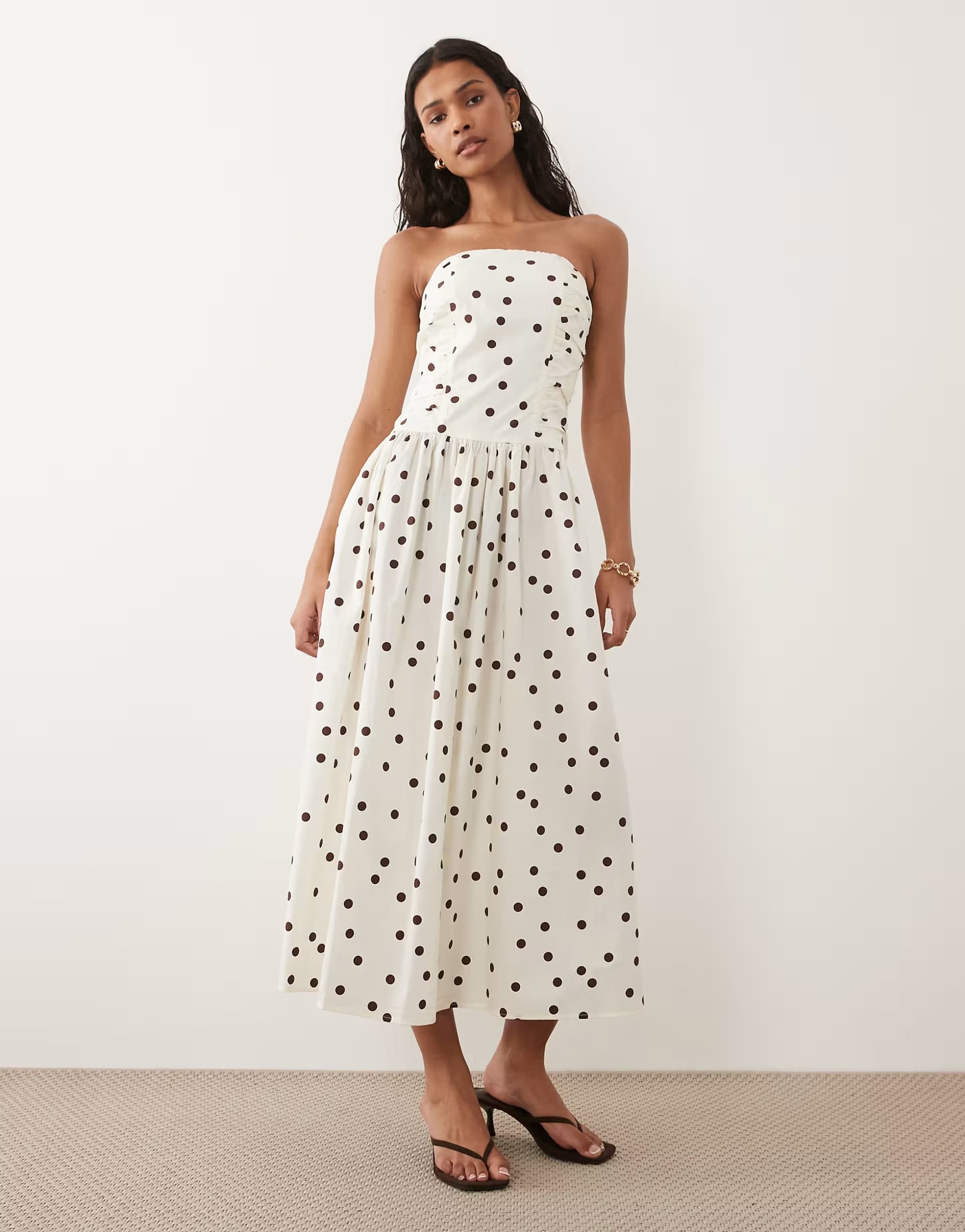 ASOS New Look polka dot bandeau ruched midi dress In cream
