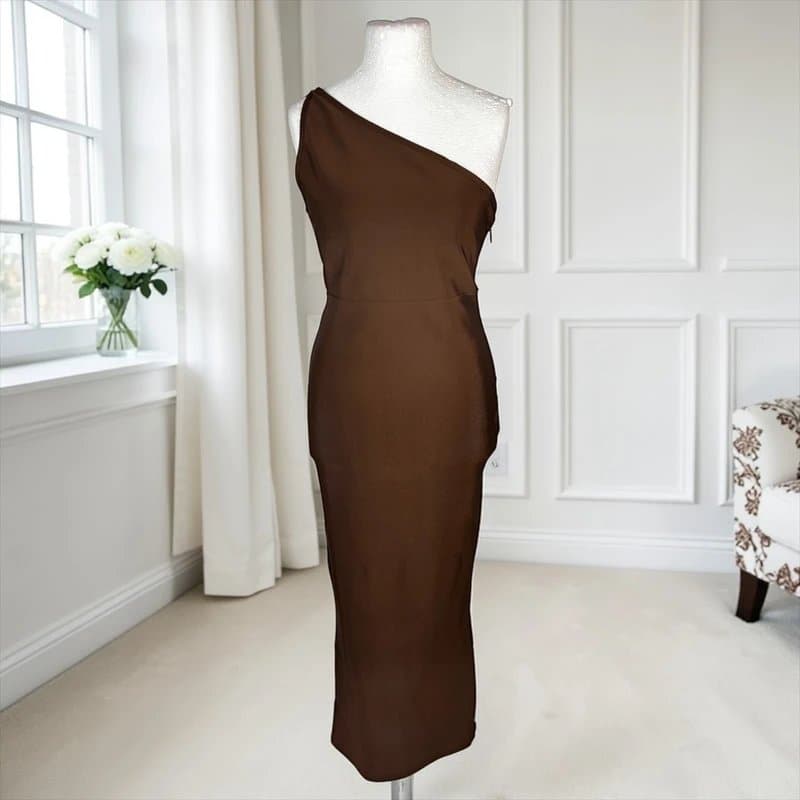 ASOS Design UK 16 ASOS Design Polyester Elastane One Shoulder Bandage Open Back Midi Dress Brown