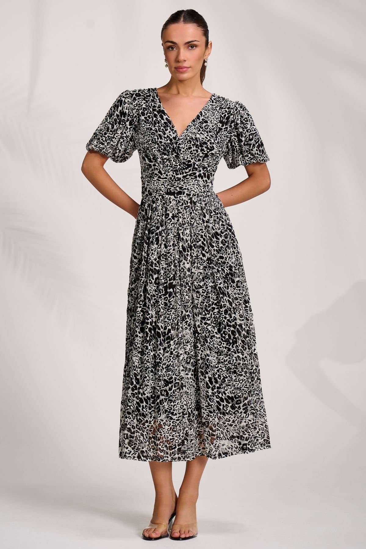 Jolie Moi Jolie Moi Women's Puff Sleeve Printed Lace Maxi Dress