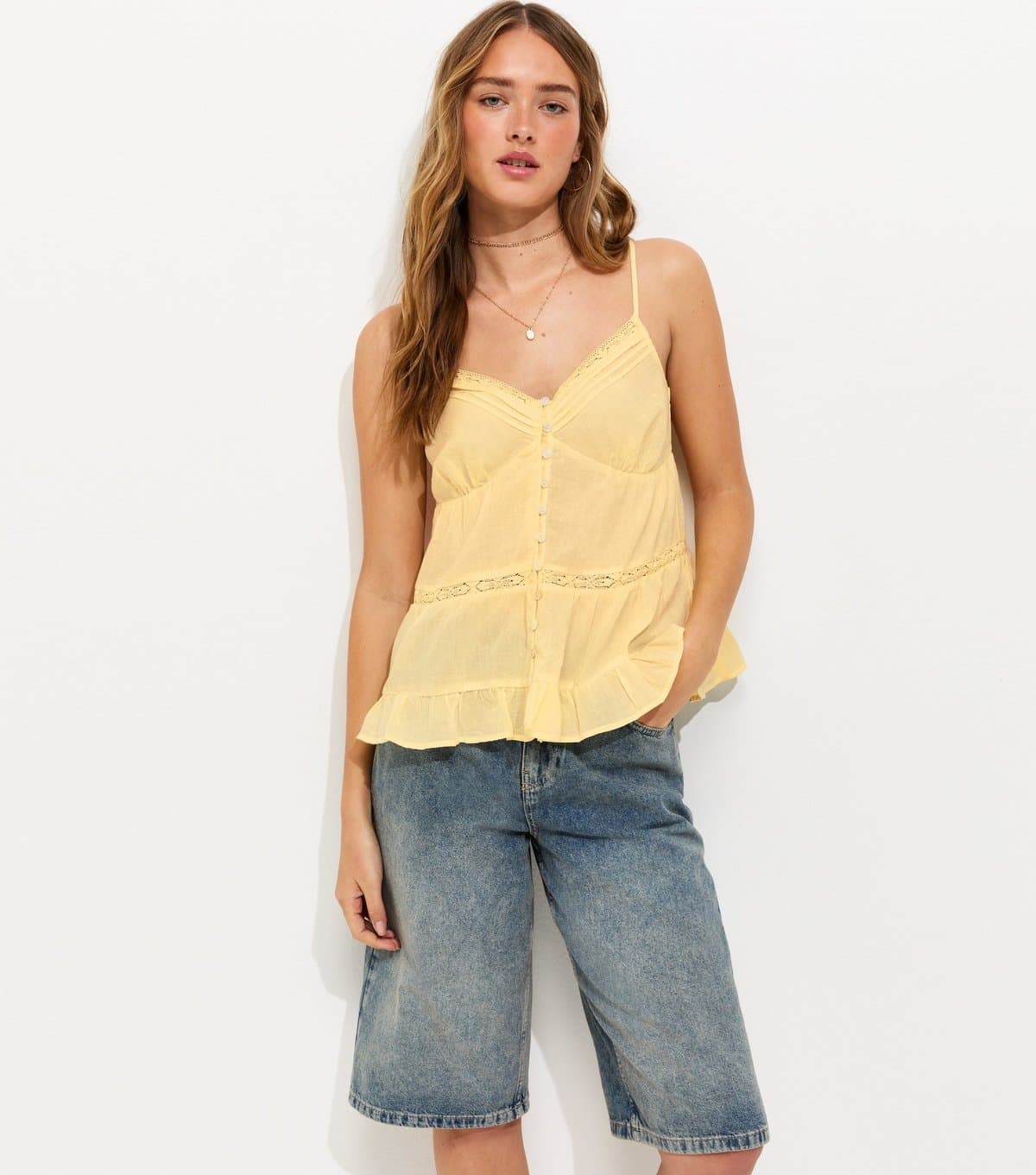 New Look New Look Yellow Lace Trimmed Longline Cami Top