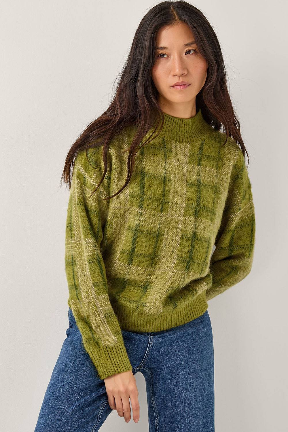 Monsoon Monsoon Women's Cleo Brushed Check Print Jumper Green - 3