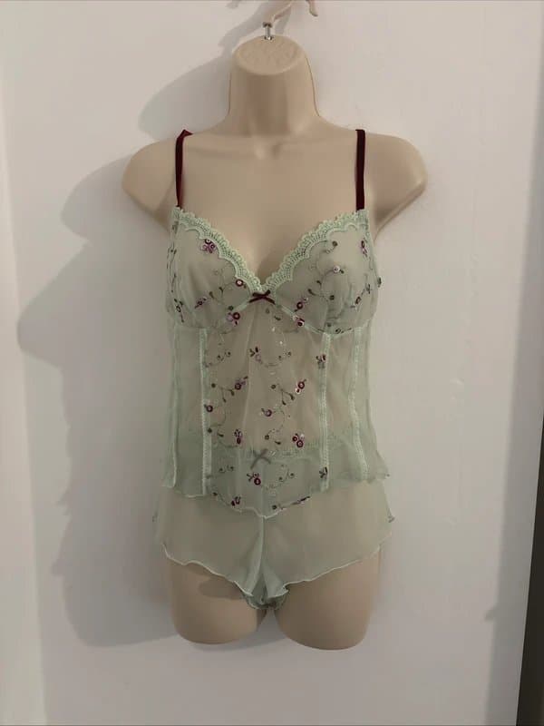 Knickerbox Y2K mint green floral with red velvet straps Knickerbox lingerie set