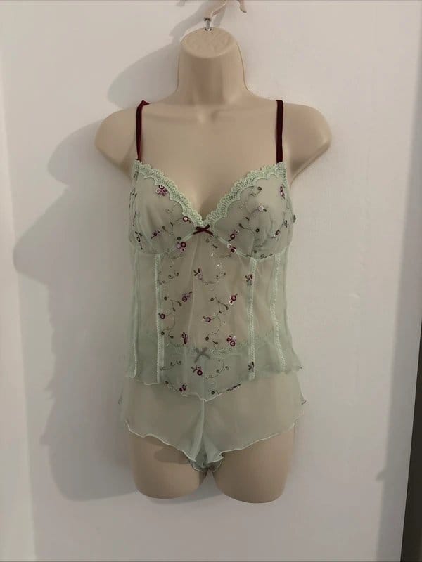 Knickerbox Y2K mint green floral with red velvet straps Knickerbox lingerie set - 1