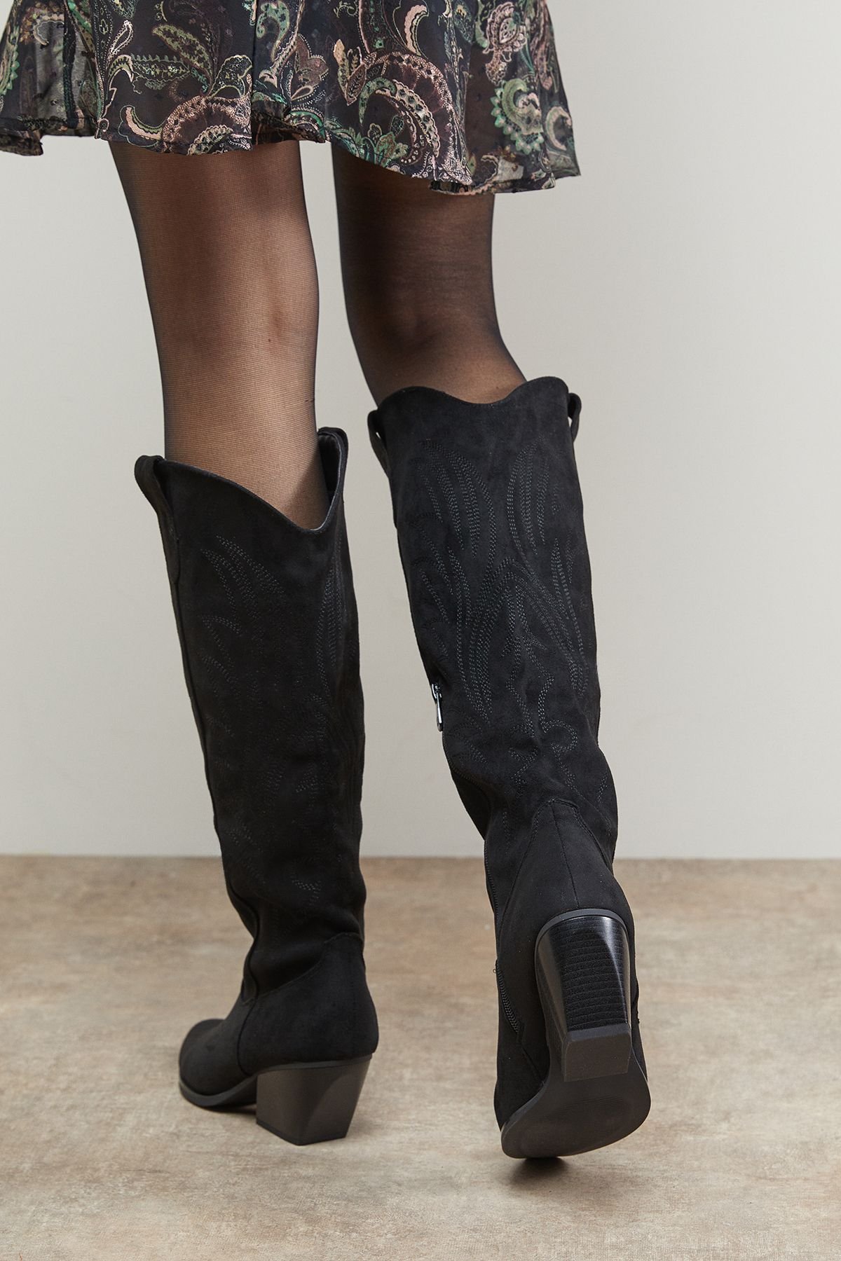 Oasis Oasis Women's Maggie Faux Suede Embroidered Knee High Western Boots in Black - 3