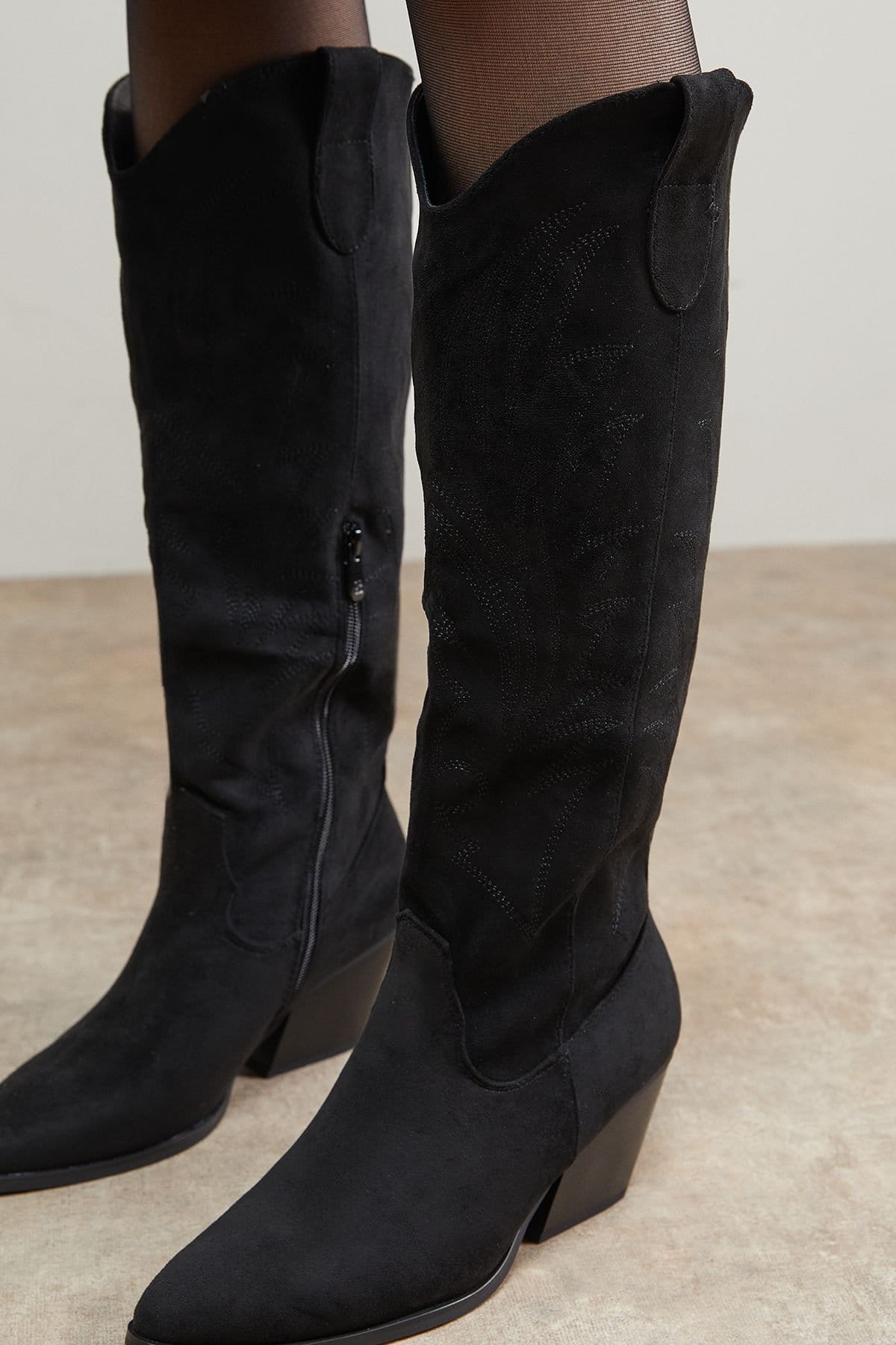 Oasis Oasis Women's Maggie Faux Suede Embroidered Knee High Western Boots in Black - 4
