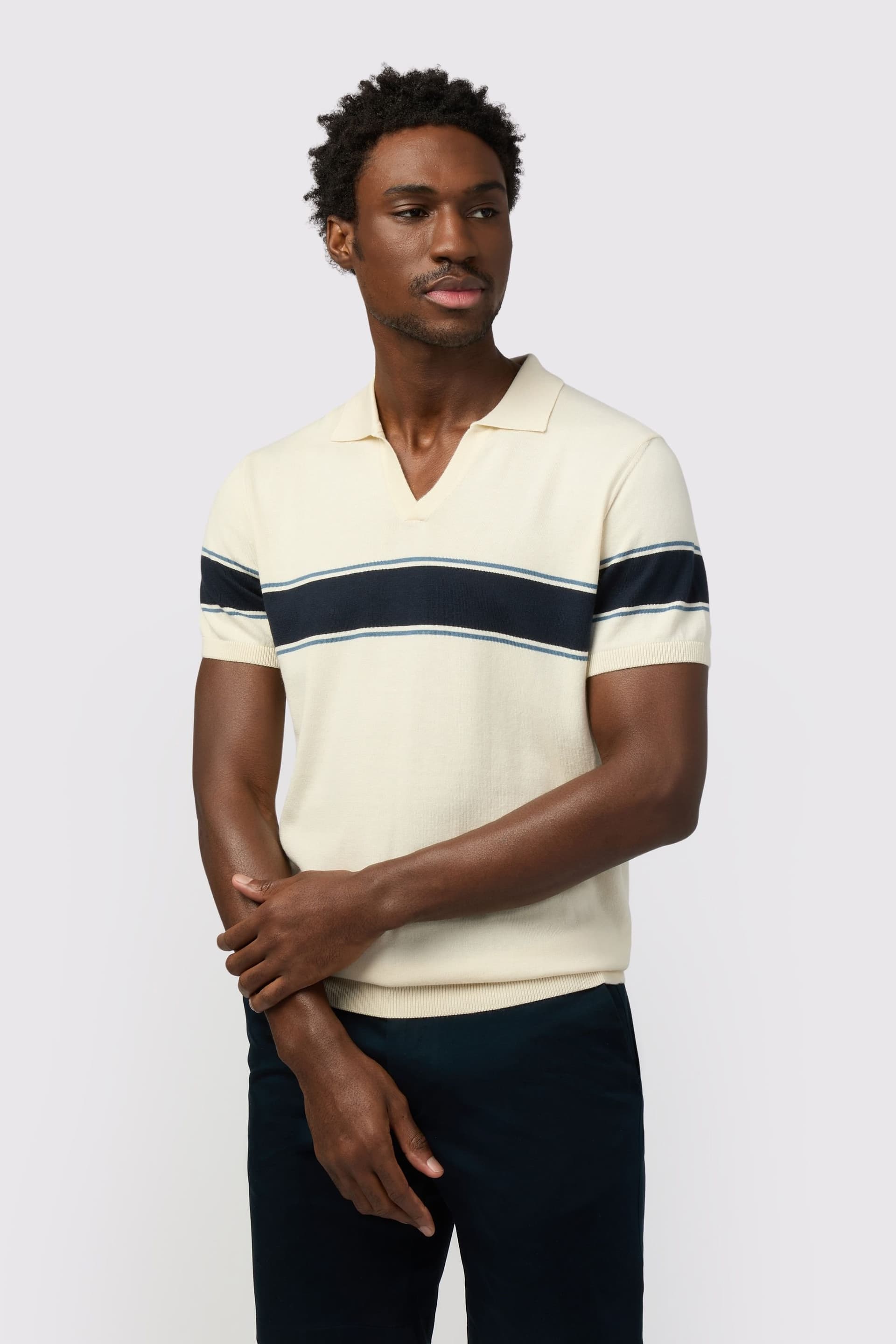Melka Melka Men's Revere Stripe Knit Polo in Beige