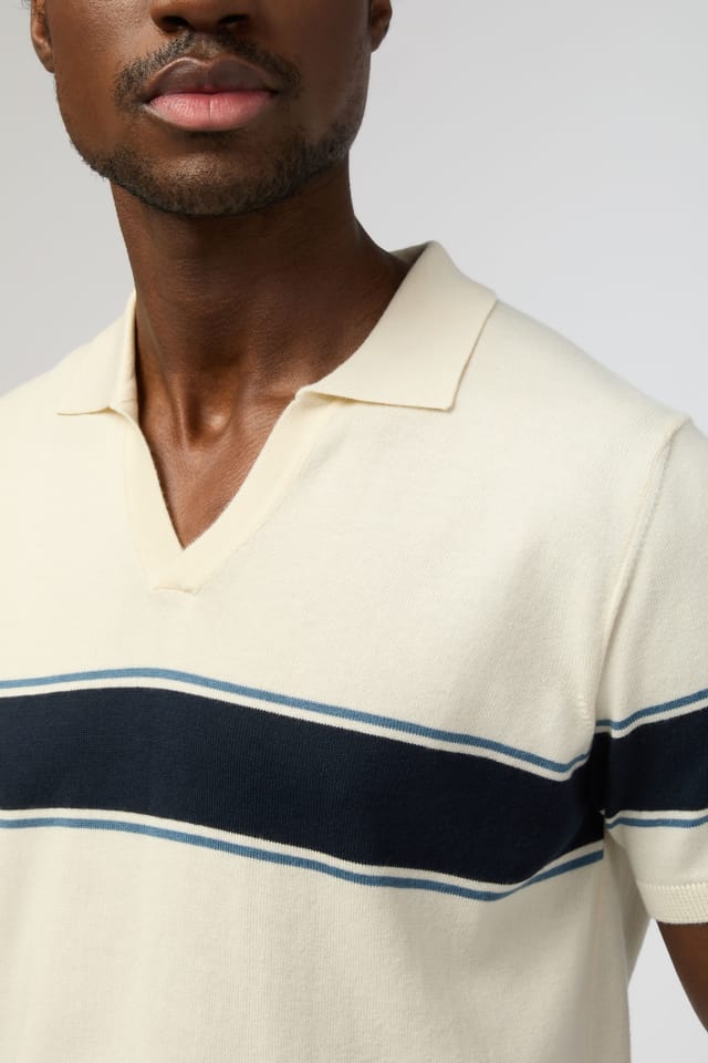 Melka Melka Men's Revere Stripe Knit Polo in Beige - 3