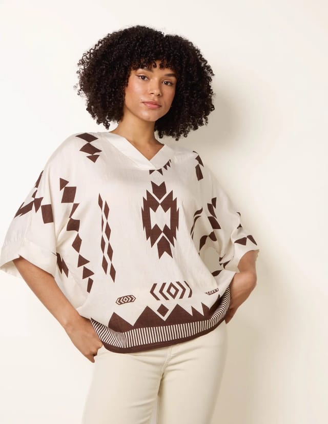 Blue Vanilla Linen Geometric Print Top - 2
