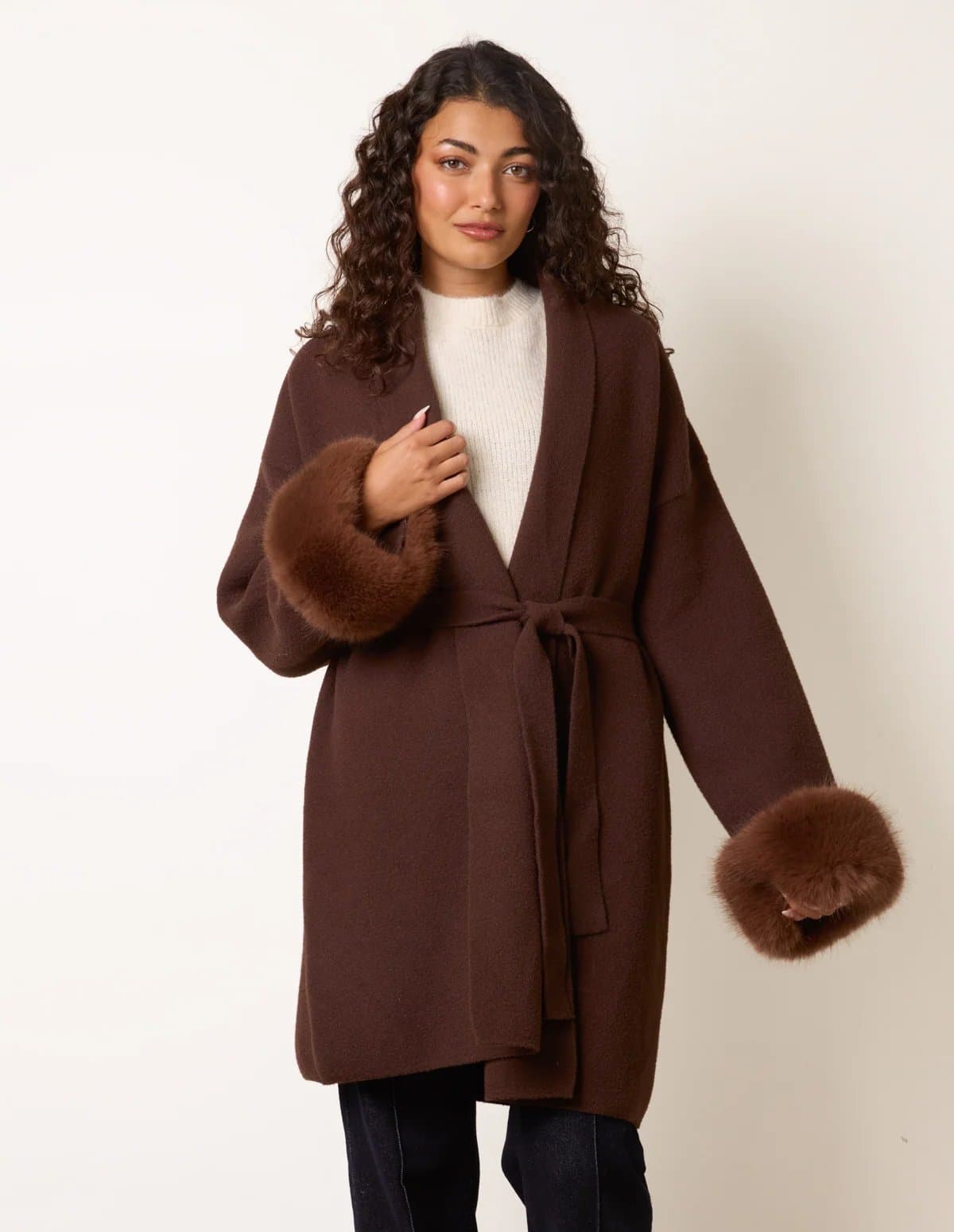 Blue Vanilla Wrap Coat With Faux Fur Cuffs