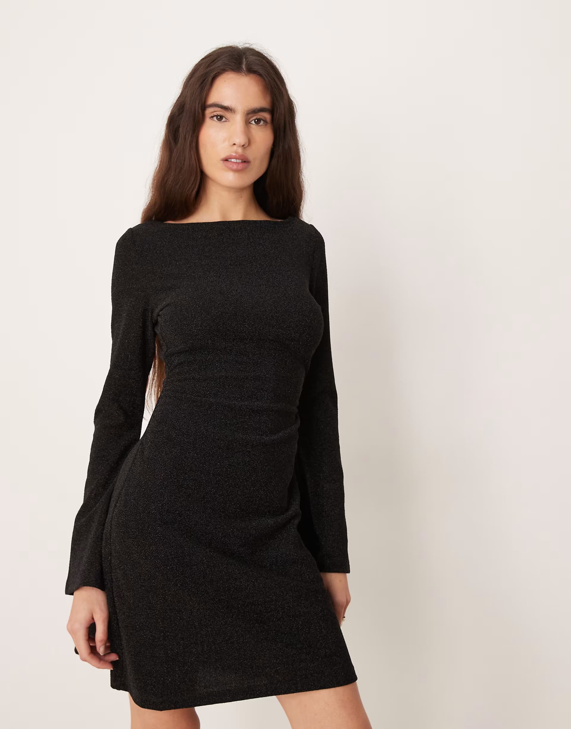 ASOS Gina Tricot long sleeve boatneck glitter mini dress in black