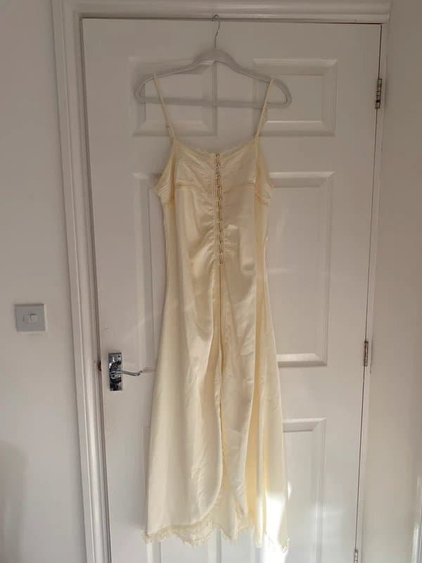 Aralina Butter yellow silky satin floaty cover up dress with lace detail