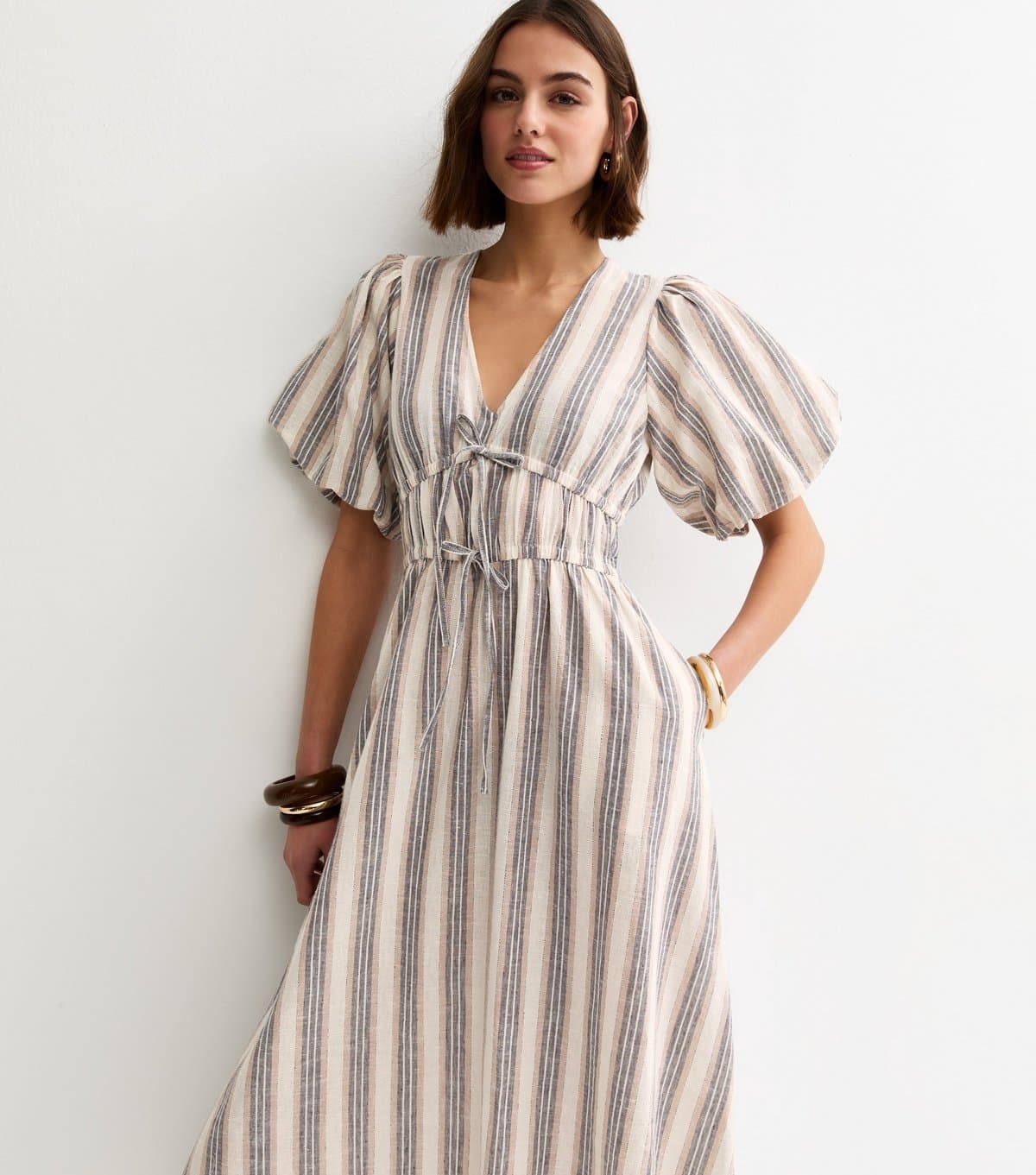 New Look Women's Cream and Blue Stripe Puff Sleeve Midi Dress New Look