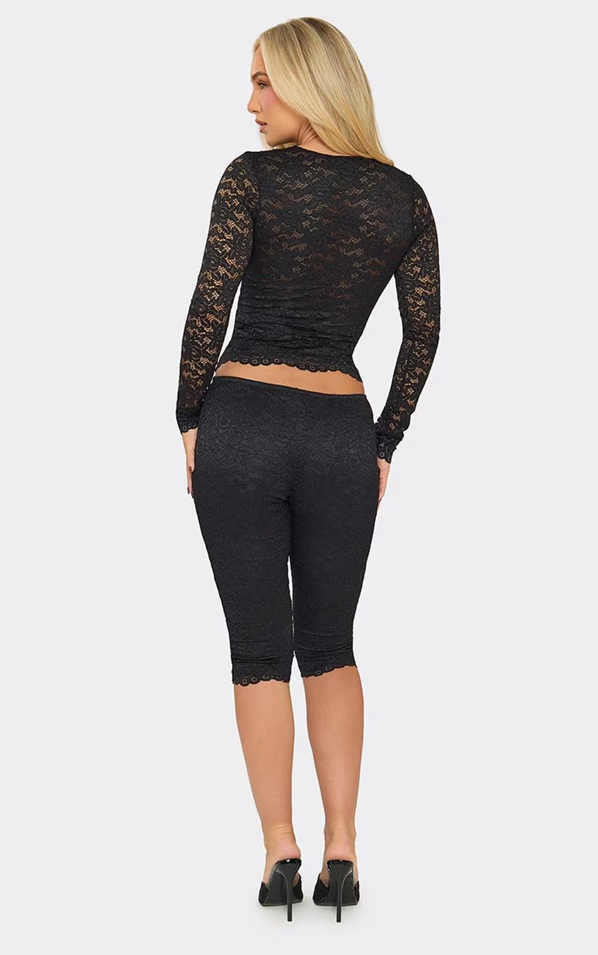 EGO Low Waist Scallop Hem Capri Trousers In Black Lace, Women's Size UK 6