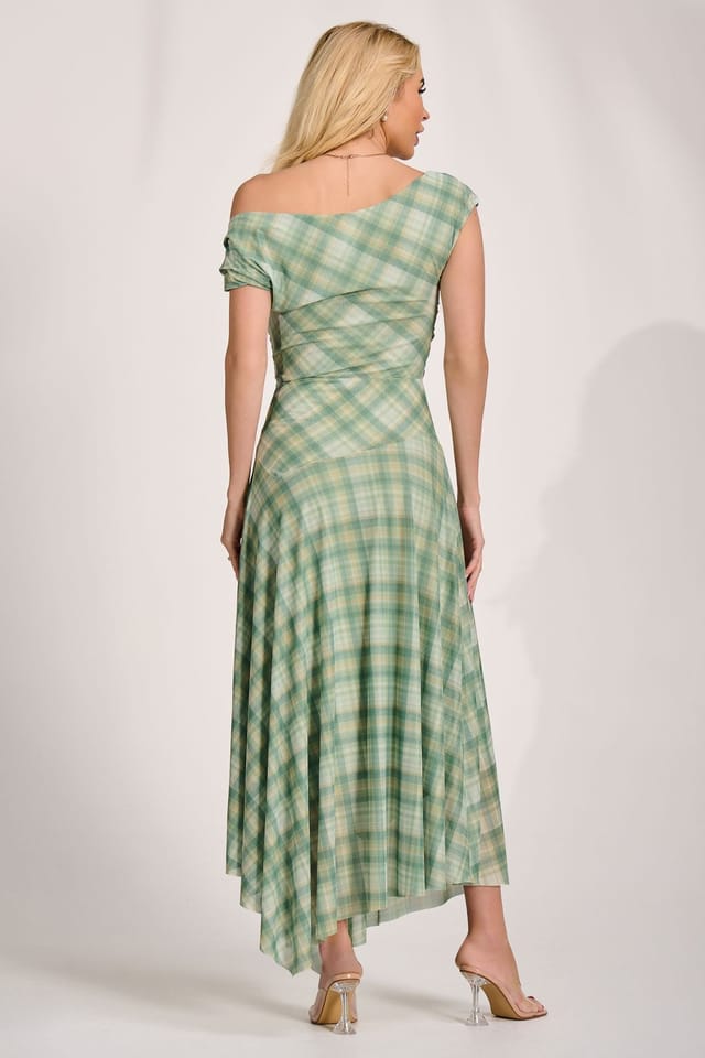 Jolie Moi Jolie Moi Women's Asymmetric Draped Mesh Maxi Dress in Green - 2