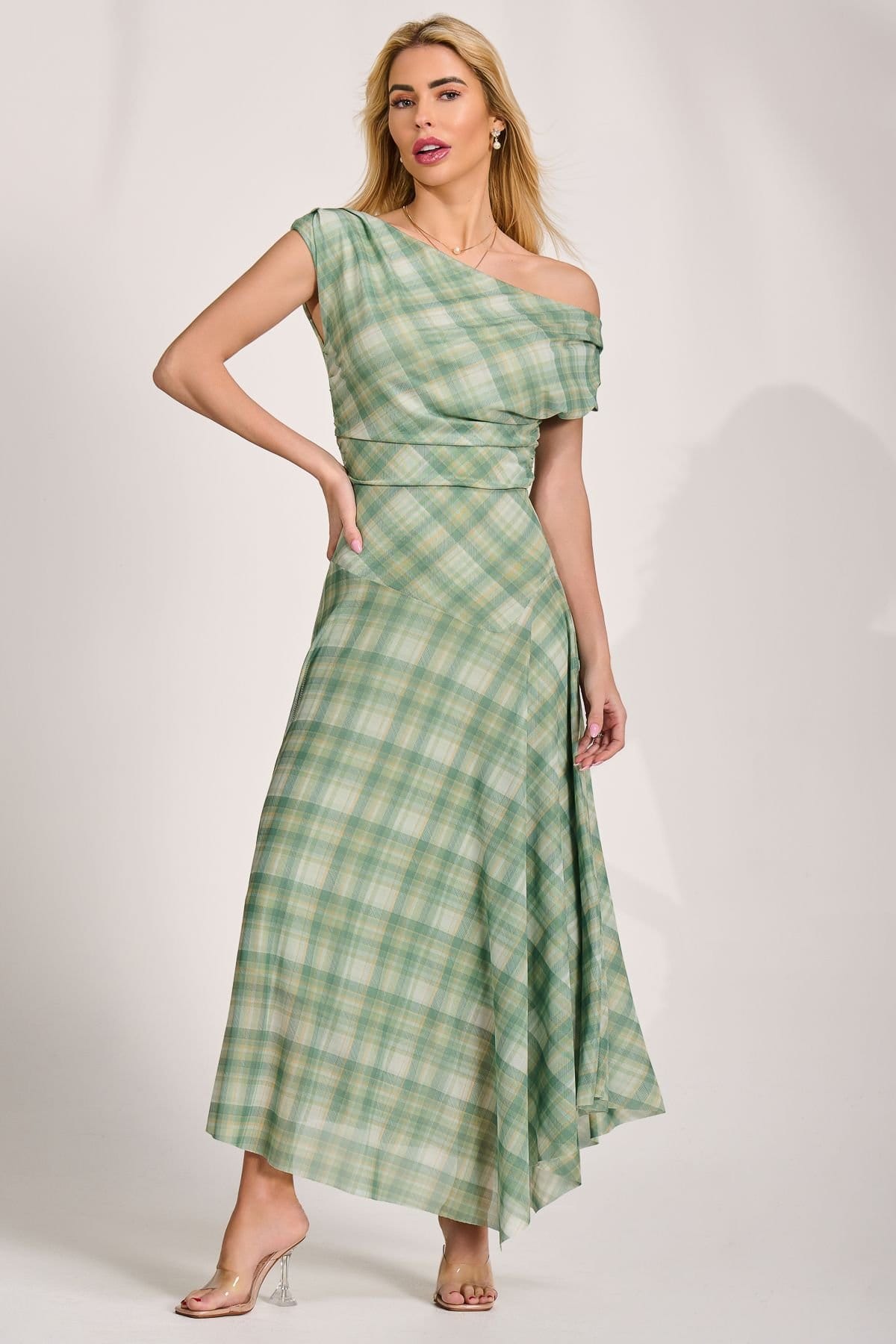 Jolie Moi Jolie Moi Women's Asymmetric Draped Mesh Maxi Dress in Green - 4