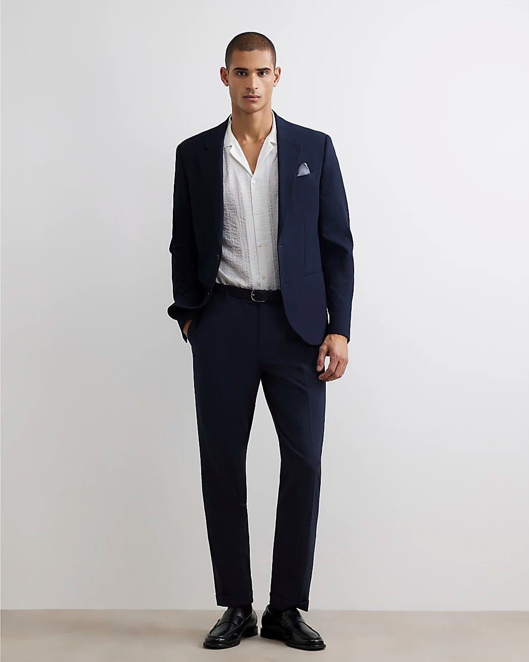River Island Mens River Island Navy Slim Fit Seersucker Suit Trousers