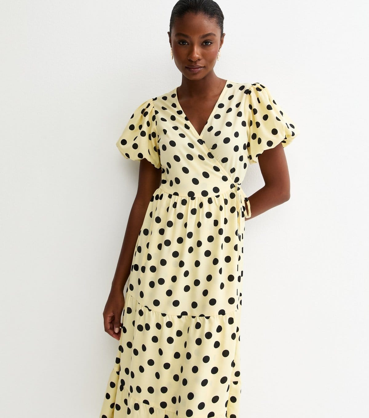 New Look Yellow Crepe Polka Dot Midi Dress