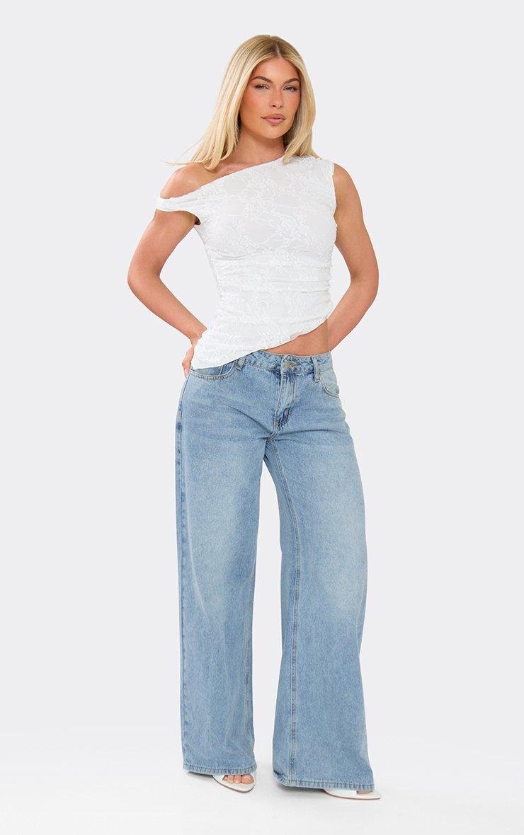 EGO One Shoulder Asymmetric Hem Top In White Lace, Women's Size UK 6 - 2