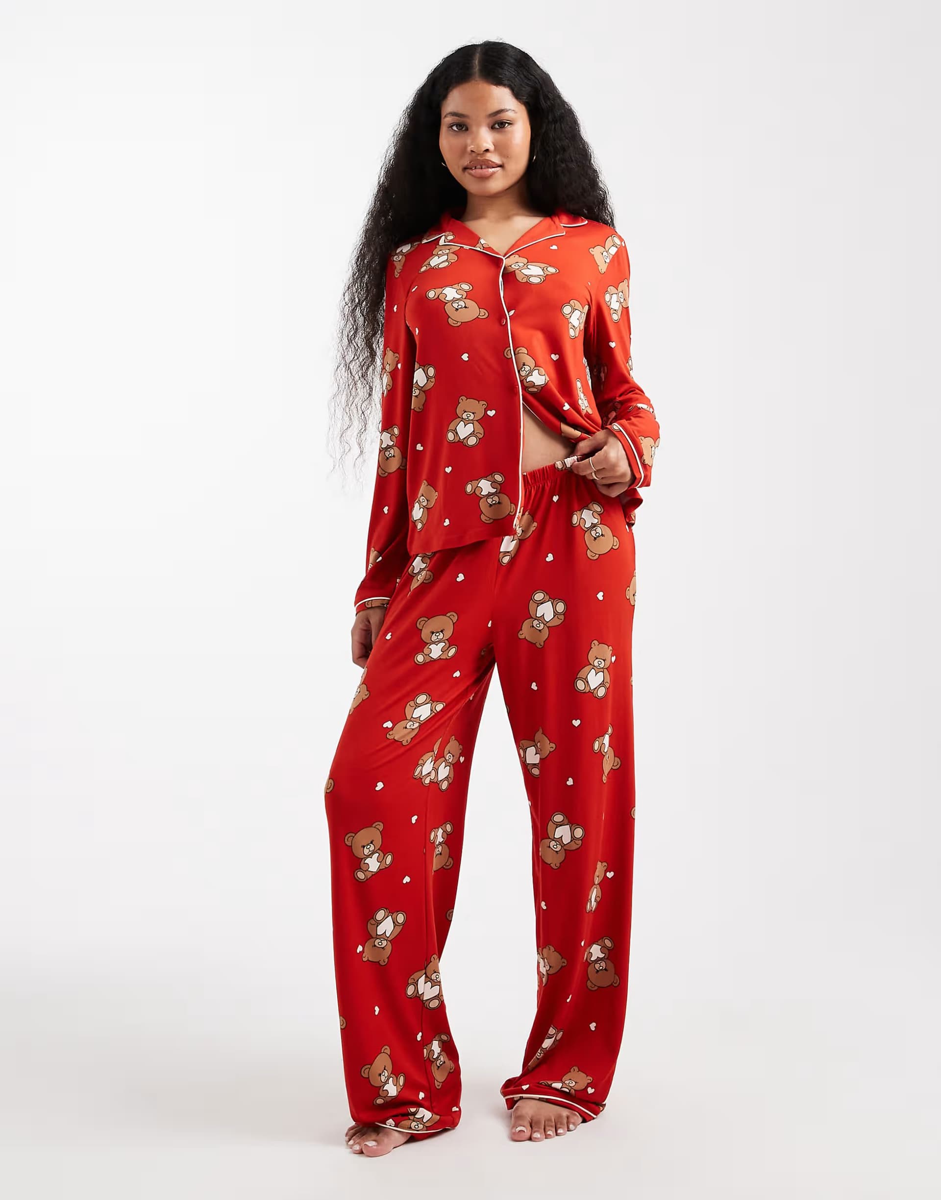 ASOS Urban Threads Petite Christmas long sleeve revere and trouser pyjama set in teddy print