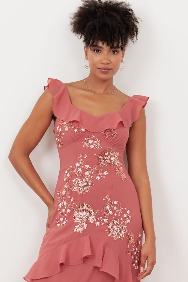 Maya Deluxe Maya Deluxe Women's Embellished Ruffle Maxi Dress in Pink - 3
