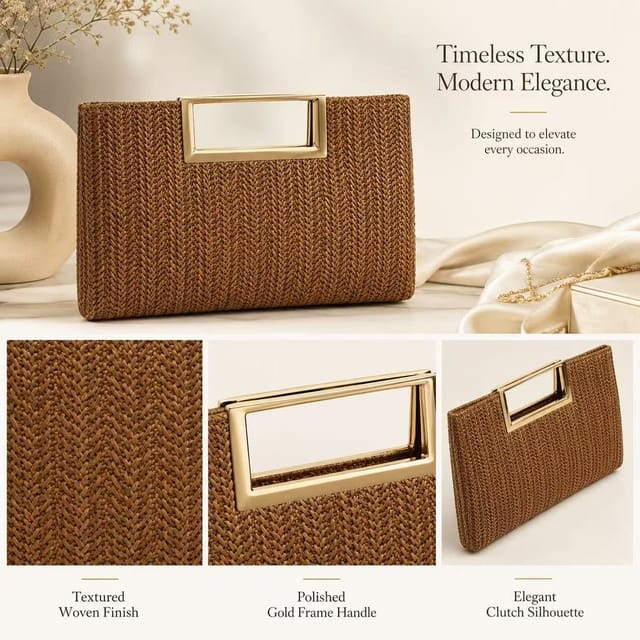 BluCore BluCore Women's Woven clutch bag with Gold tone handle in Brown - 3