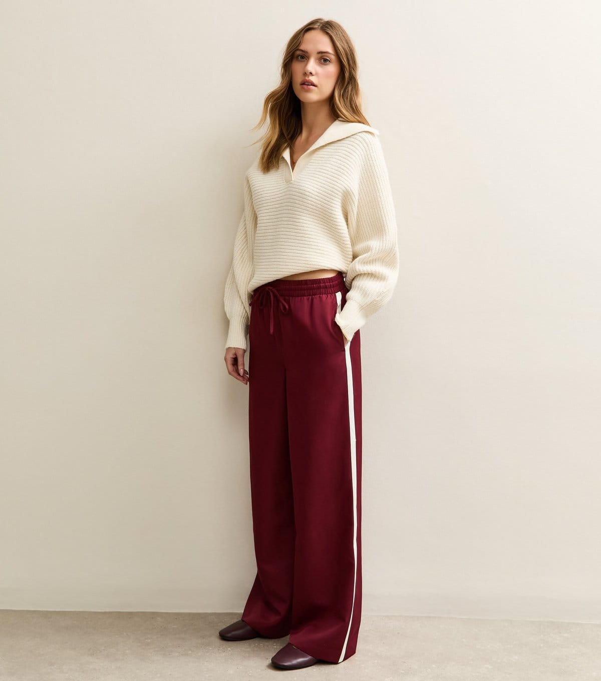 New Look Burgundy Side Stripe Wide Leg Trousers