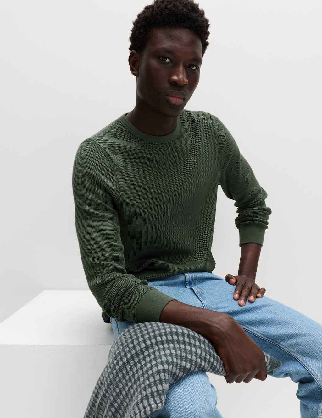 Marks & Spencer M&S Pure Cotton 2-Tone Waffle Sweatshirt Dark Khaki - 3