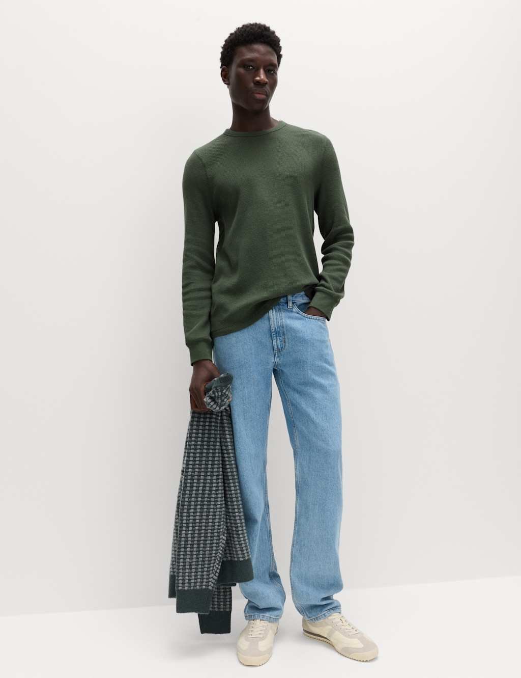 Marks & Spencer M&S Pure Cotton 2-Tone Waffle Sweatshirt Dark Khaki - 4