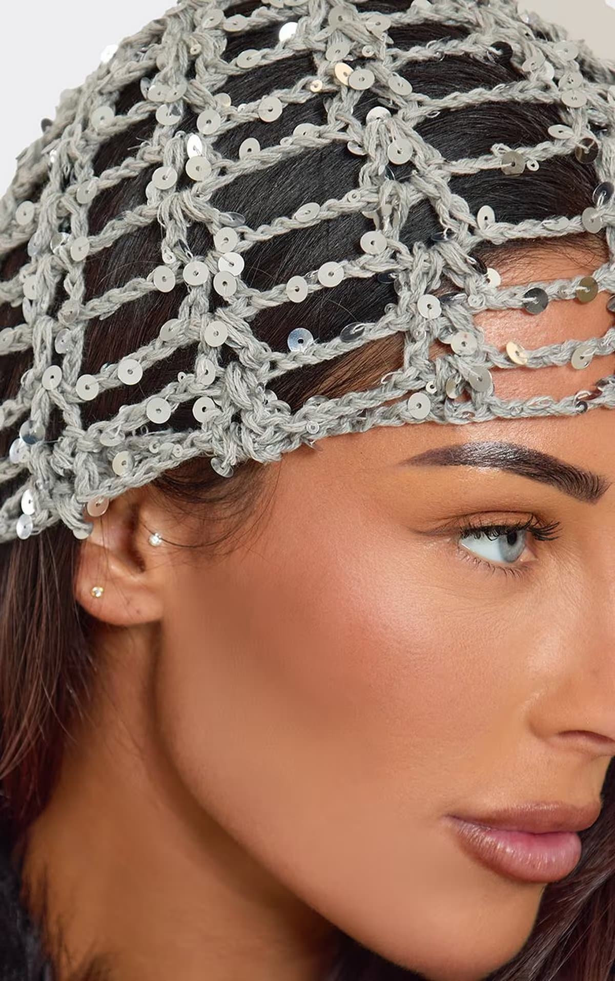 EGO Sequin Detail Hat In Silver Crochet Knit, Women's Size UK 0