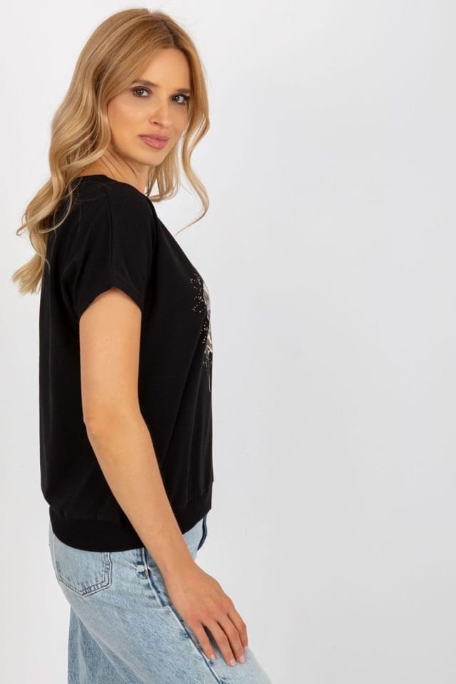 Love Lace Love Lace Women's Cotton Printed Short Sleeve Round Neck Blouse in Black - 2