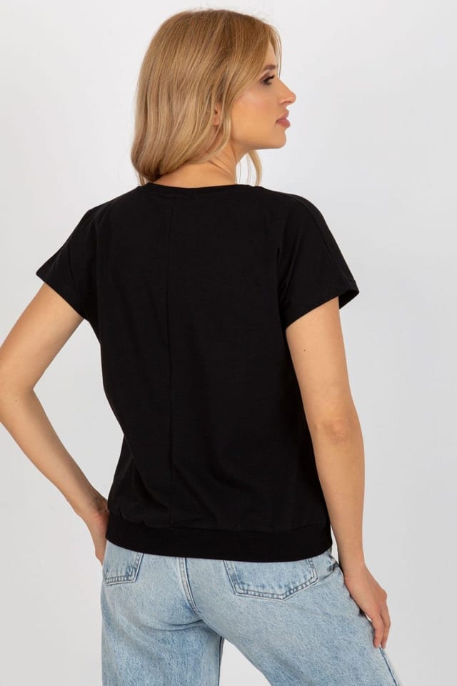 Love Lace Love Lace Women's Cotton Printed Short Sleeve Round Neck Blouse in Black - 3