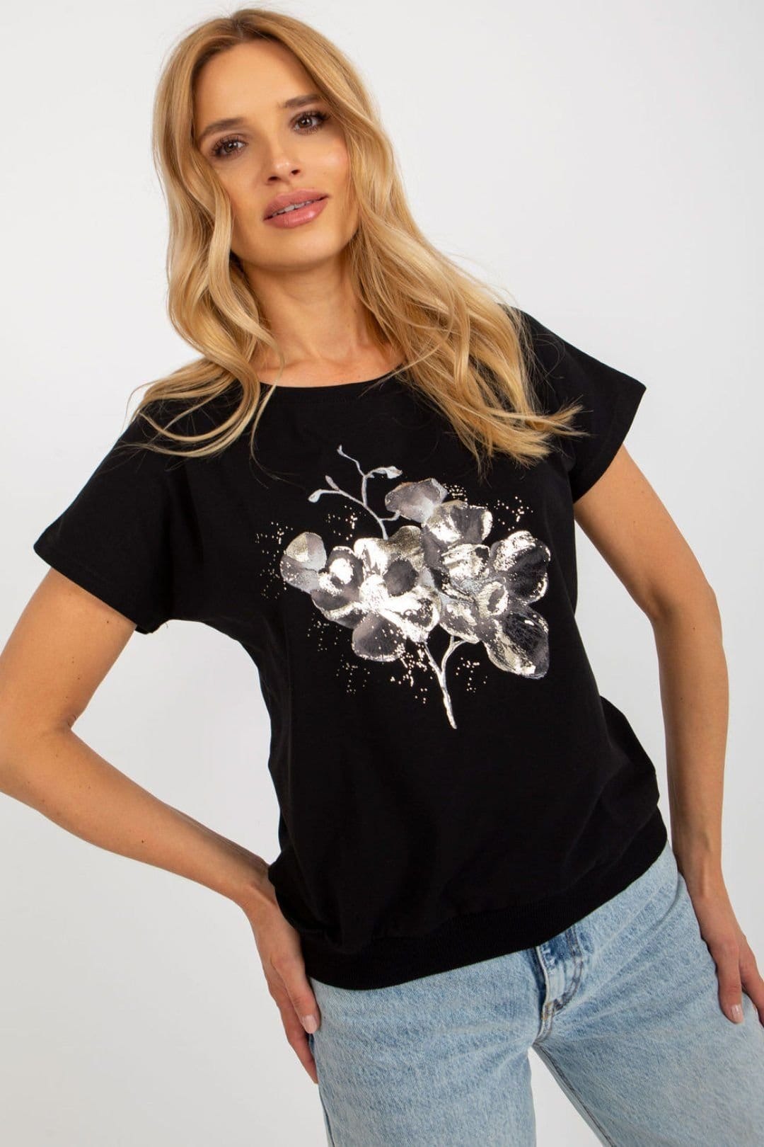 Love Lace Love Lace Women's Cotton Printed Short Sleeve Round Neck Blouse in Black - 4