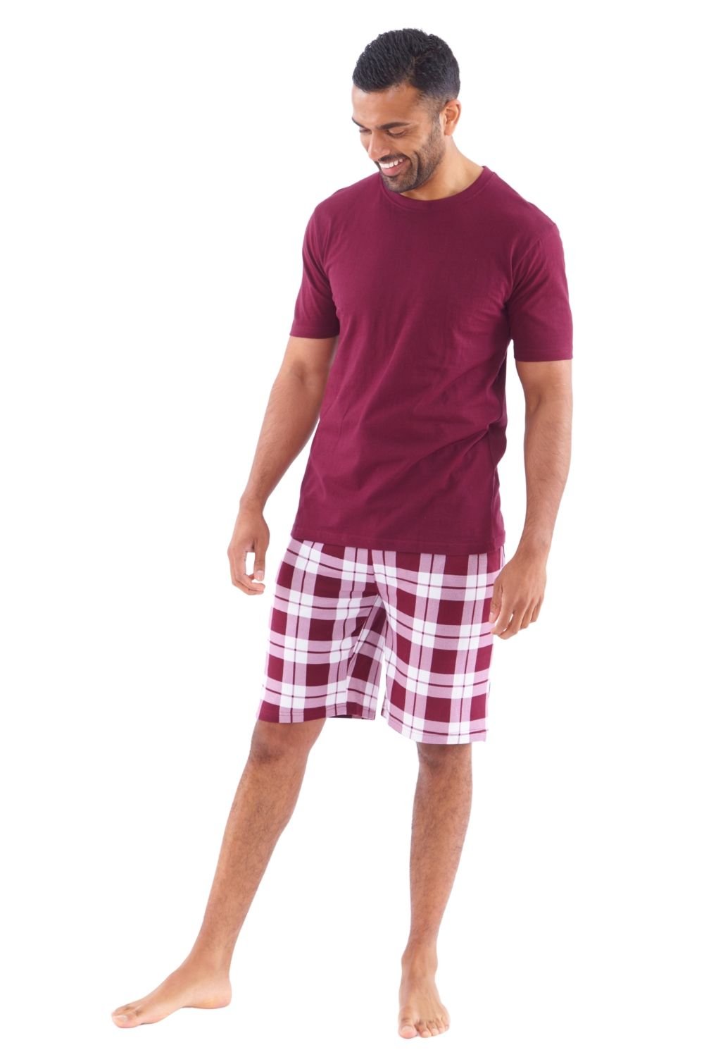 Just Essentials Just Essentials Men's Supersoft Short Check Lounge Set in Burgundy - 2
