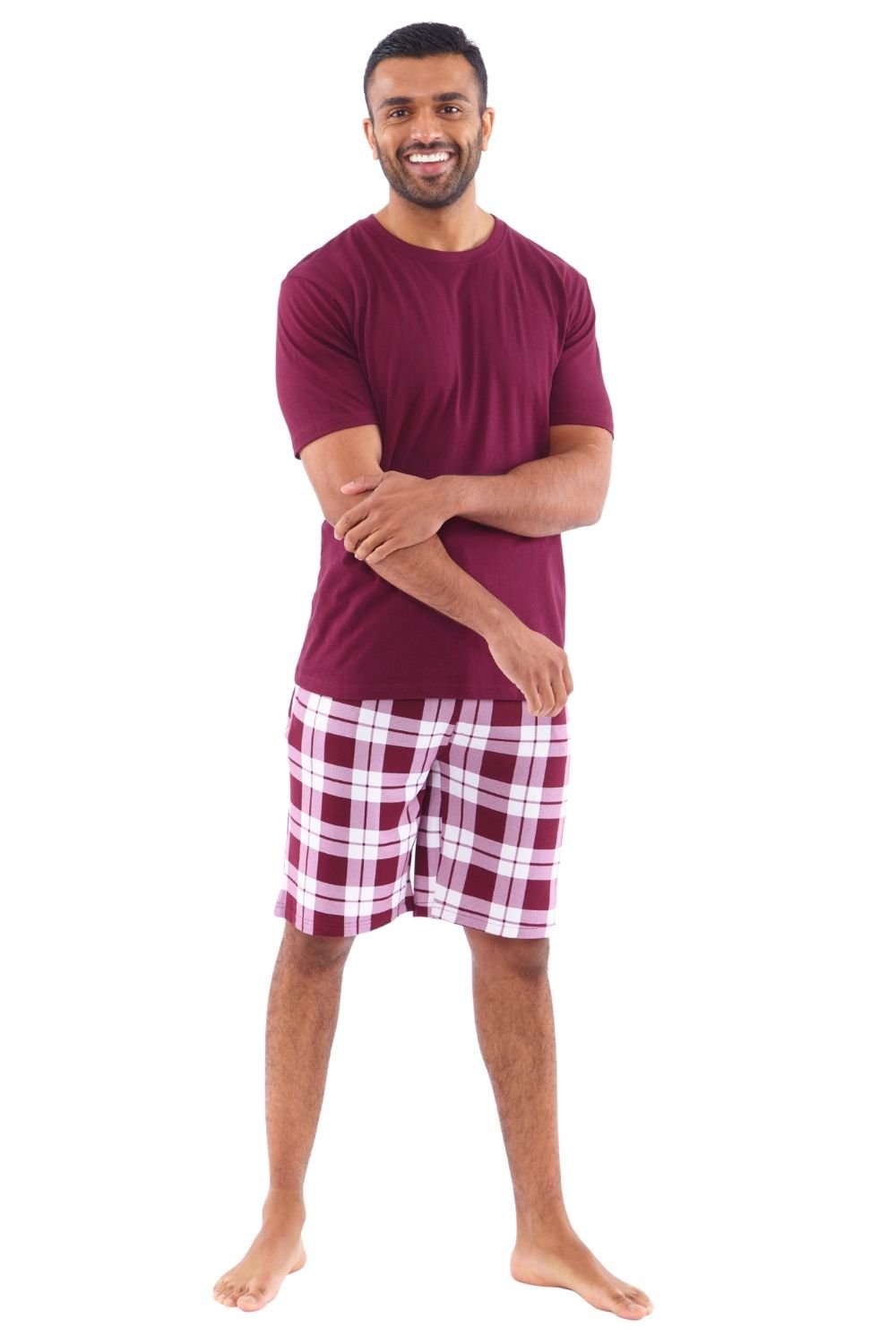 Just Essentials Just Essentials Men's Supersoft Short Check Lounge Set in Burgundy - 3