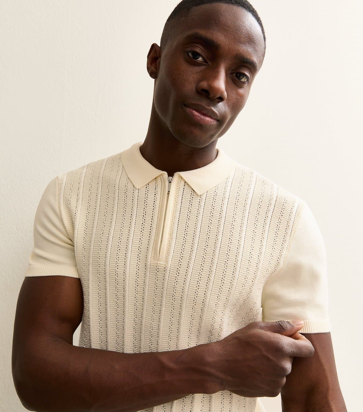 New Look Men's Cream Rib Knit Quarter Zip Polo Shirt New Look