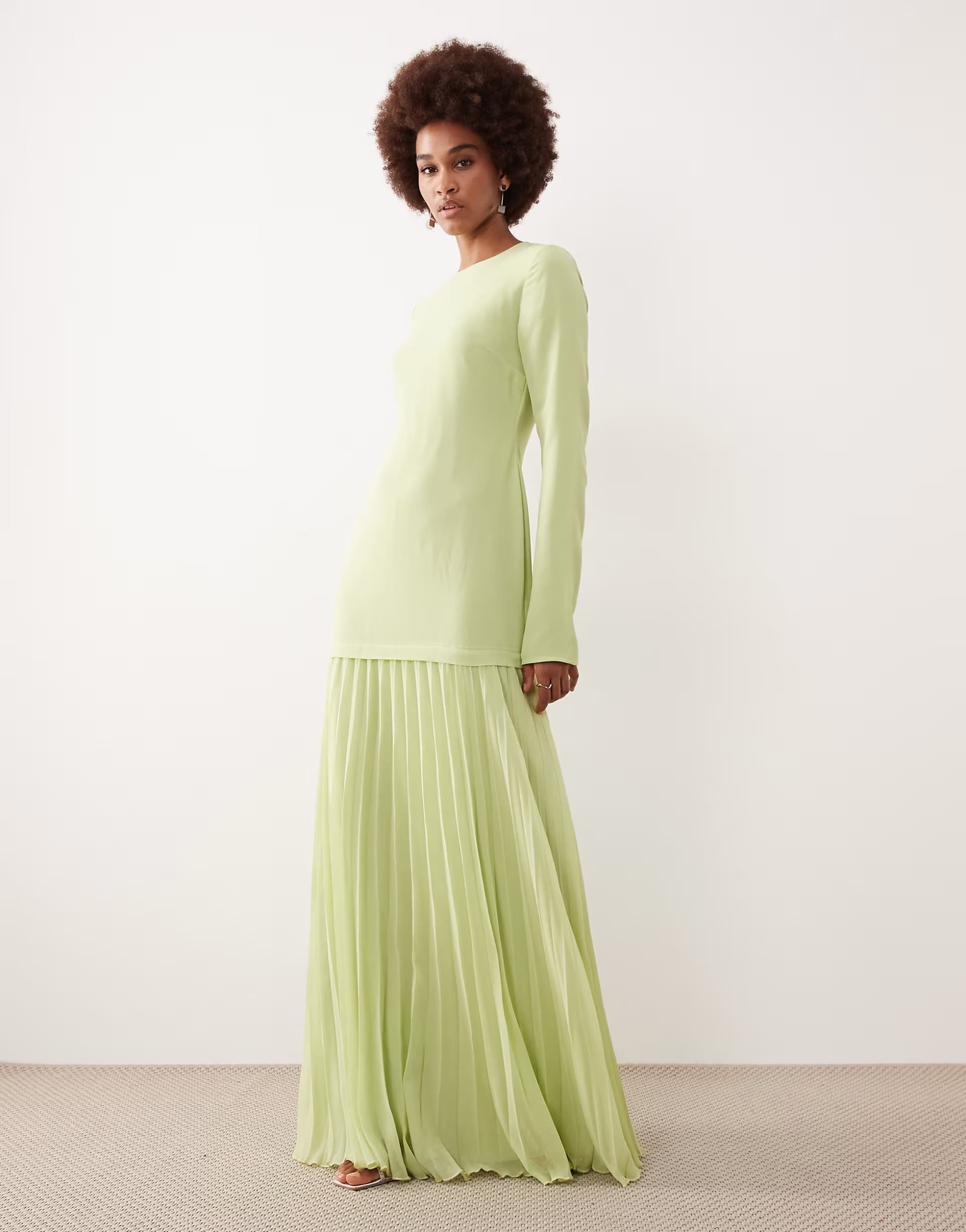 ASOS ASOS DESIGN Tall long sleeved pleated skirt maxi dress in light green