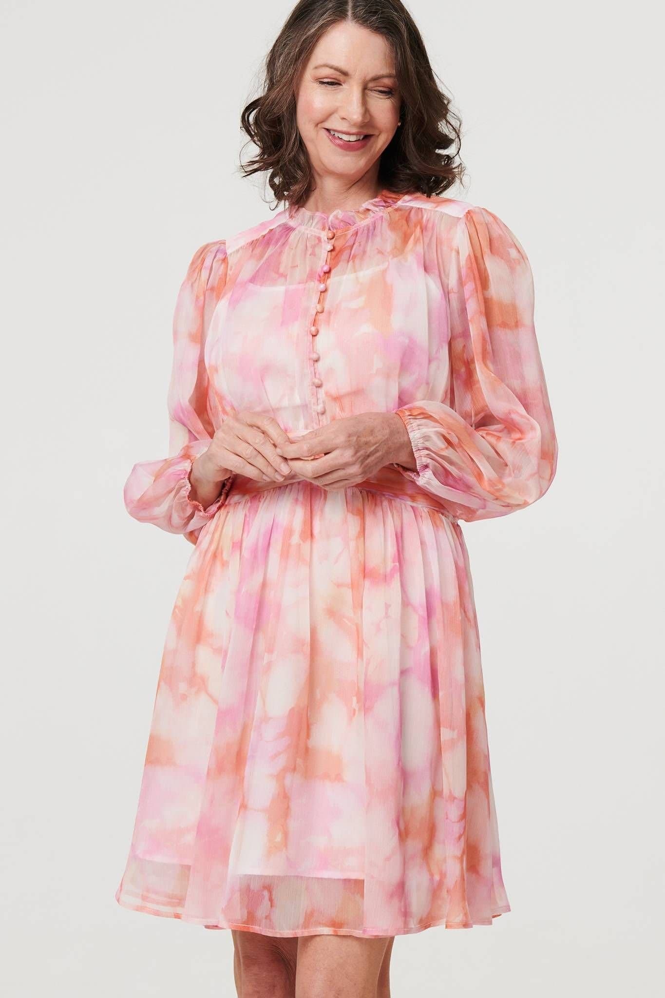 Izabel London Izabel London Women's High Neck Semi Sheer Short Dress in Pink