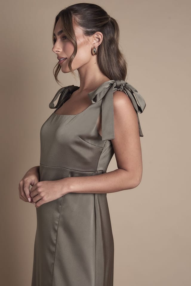 Oasis Oasis Women's Petite Satin Tie Shoulder Midi Bridesmaid Dress in Olive - 2
