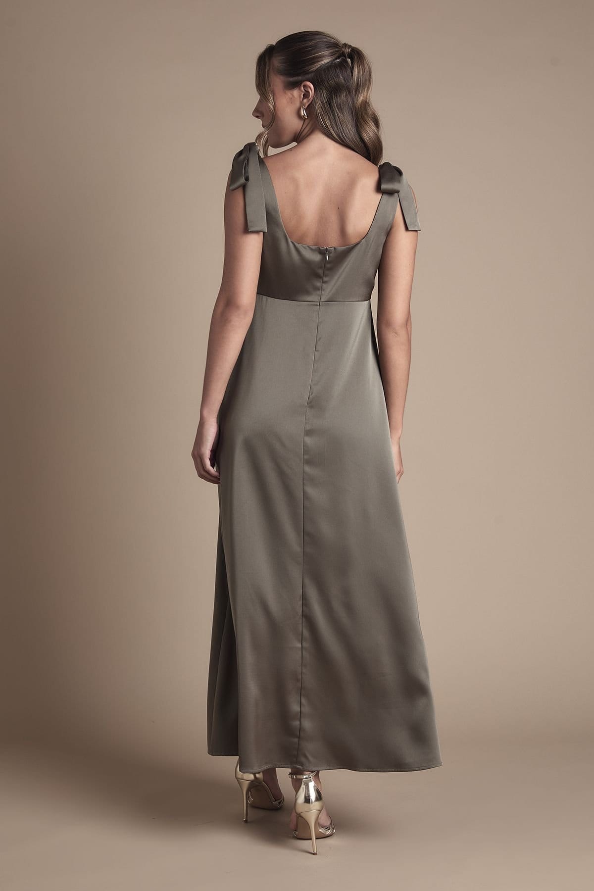 Oasis Oasis Women's Petite Satin Tie Shoulder Midi Bridesmaid Dress in Olive - 4