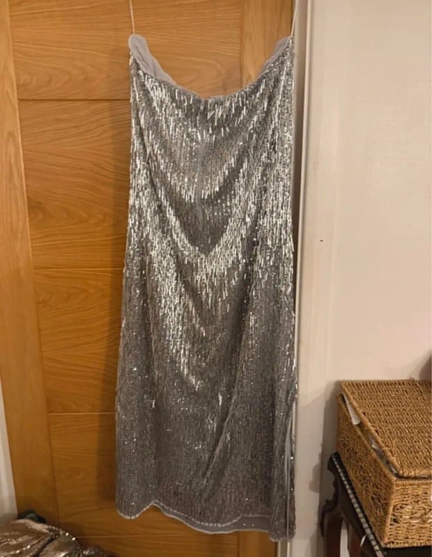 Topshop Topshop Silver Sequin Drop Tassel Beaded Embellished Strapless Party Midi Dress