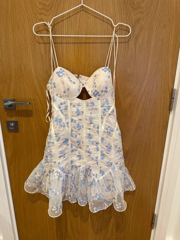 Luxe Asos Luxe Corsetted Ruched Lace Mini Dress in Blue Floral